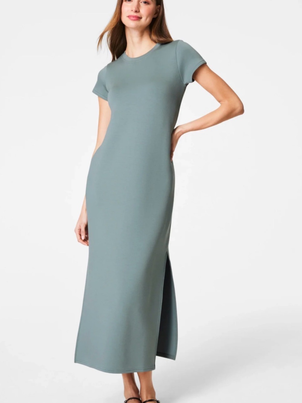 EUC SPANX Air Essentials Short-Sleeve Maxi Dress in Sage Green